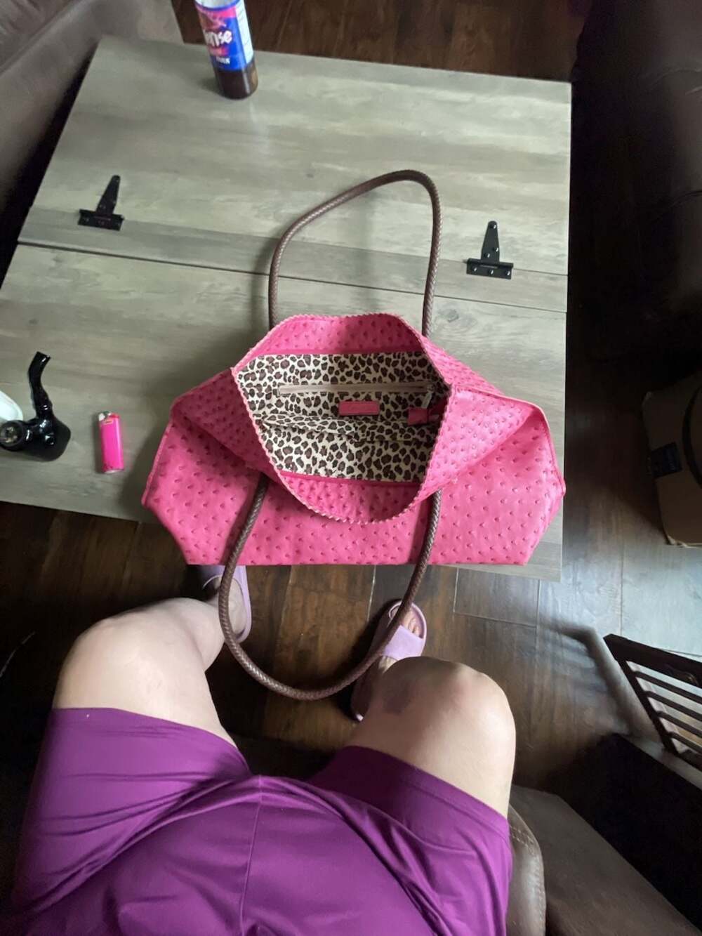 Pink Ostrich Vegan Leather Tote Handbag with Leopard Print Lining